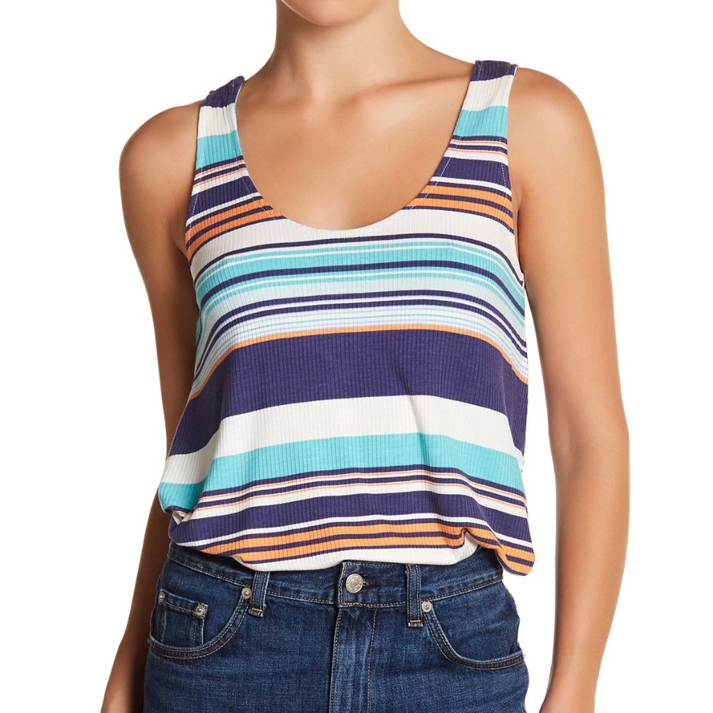 Good Luck Gem Crisscross Back Striped Swing Tank Top Ribbed Blue White Size XL
